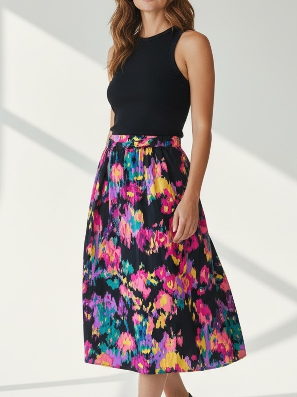High-Waisted Abstract Floral Midi Skirt Size L‎
